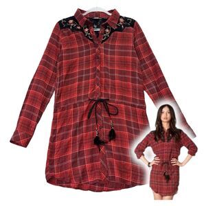 Miss Me Shirt Dress Womens S Red Plaid Embroidered Lace Cowgirl Western Classic
